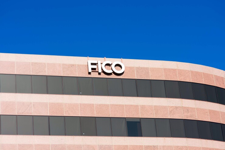 FICO logo sign on headquarters facade of Fair Isaac Corporation FICO in Silicon Valley. FICO is a data analytics company focused on credit scoring services. - San Jose, California, USA - 2021